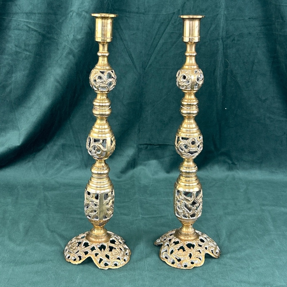 Vintage Pair of Tall Solid Brass Ornate Candle Holders Candle Sticks